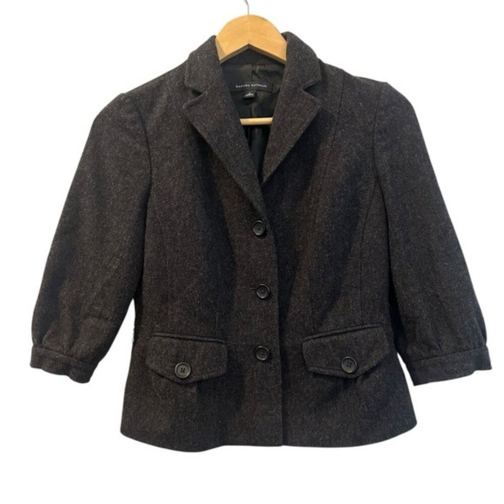 Banana Republic Wool-Blend Cropped Puff-Sleeve Blazer Dark Gray Size 0 - Picture 2 of 9